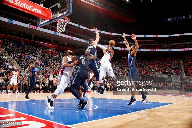 Reggie Jackson of the Detroit Pistons shoots the ball during the game against the Dallas Mavericks on April 6, 2018 at Little Caesars Arena in...