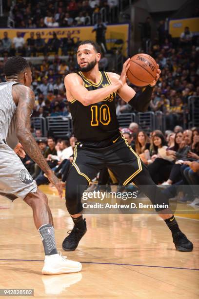 Tyler Ennis of the Los Angeles Lakers looks to pass the ball during the game against the Minnesota Timberwolves on April 6, 2018 at STAPLES Center in...