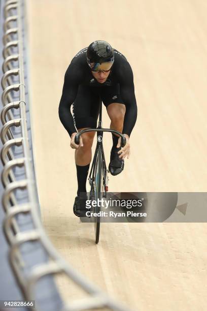 Edward Dawkins of New Zealand competes in the Men's Sprint Qualifying during Cycling on day three of the Gold Coast 2018 Commonwealth Games at Anna...