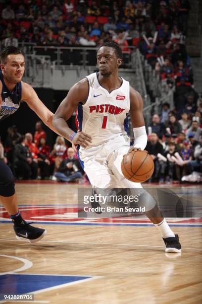 Reggie Jackson of the Detroit Pistons handles the ball during the game against the Dallas Mavericks on April 6, 2018 at Little Caesars Arena in...