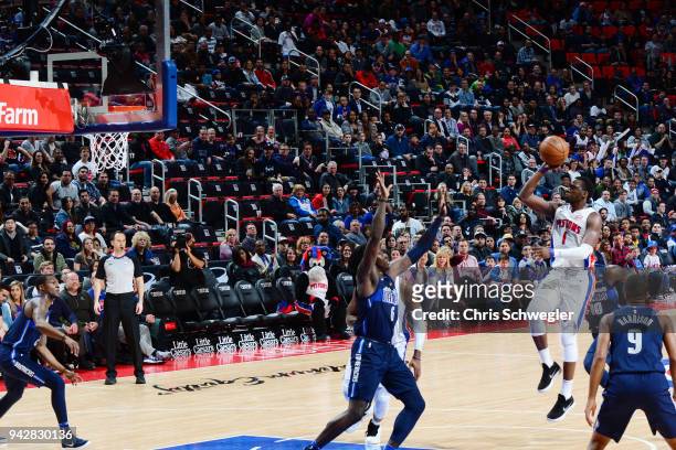 Reggie Jackson of the Detroit Pistons shoots the ball against the Dallas Mavericks on April 6, 2018 at Little Caesars Arena in Detroit, Michigan....