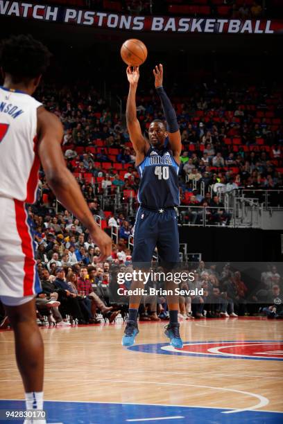 Harrison Barnes of the Dallas Mavericks shoots the ball during the game against the Detroit Pistons on April 6, 2018 at Little Caesars Arena in...