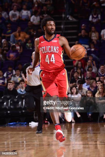 Solomon Hill of the New Orleans Pelicans handles the ball against the Phoenix Suns on April 6, 2018 at Talking Stick Resort Arena in Phoenix,...