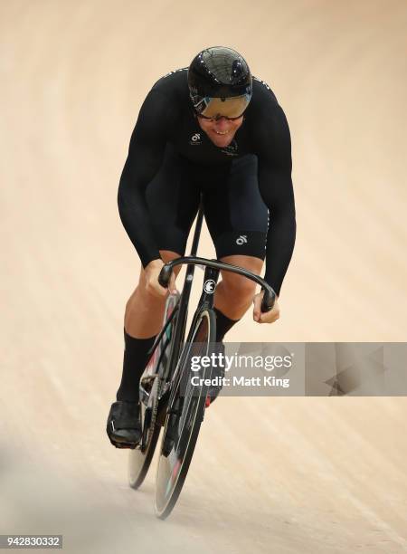 Edward Dawkins of New Zealand competes in the Men's Sprint Qualifying during Cycling on day three of the Gold Coast 2018 Commonwealth Games at Anna...