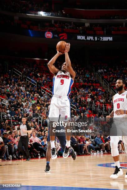 Langston Galloway of the Detroit Pistons shoots the ball during the game against the Dallas Mavericks on April 6, 2018 at Little Caesars Arena in...