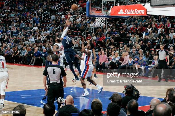 Jalen Jones of the Dallas Mavericks shoots the ball during the game against the Detroit Pistons on April 6, 2018 at Little Caesars Arena in Detroit,...