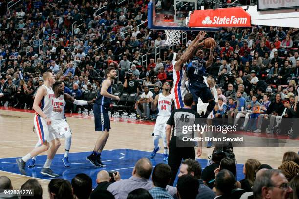 Yogi Ferrell of the Dallas Mavericks shoots the ball during the game against the Detroit Pistons on April 6, 2018 at Little Caesars Arena in Detroit,...