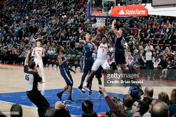Stanley Johnson of the Detroit Pistons shoots the ball during the game against the Dallas Mavericks on April 6, 2018 at Little Caesars Arena in...