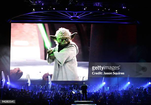 The Royal Philharmonic Orchestra conducted by John Williams performs at Star Wars in Concert at the Sprint Center on December 9, 2009 in Kansas City,...