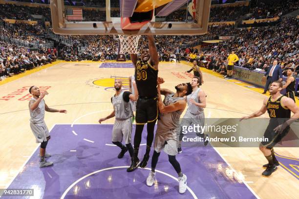 Julius Randle of the Los Angeles Lakers drives to the basket during the game against the Minnesota Timberwolves on April 6, 2018 at STAPLES Center in...