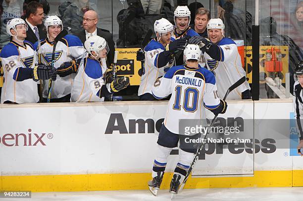 Andy McDonald of the St. Louis Blues celebrates with the bench after scoring a goal in the shootout against the Los Angeles Kings on December 5, 2009...