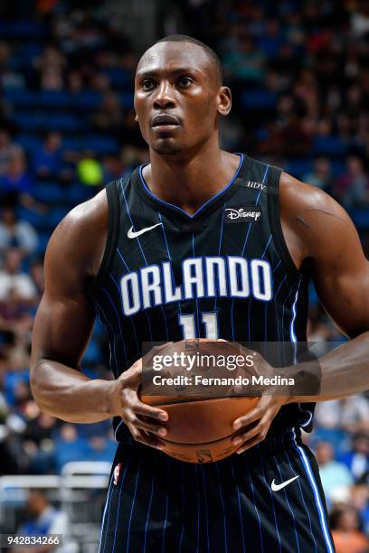 Bismack Biyombo of the Orlando Magic shoots the ball against the Charlotte Hornets on April 6, 2018 at Amway Center in Orlando, Florida. NOTE TO...