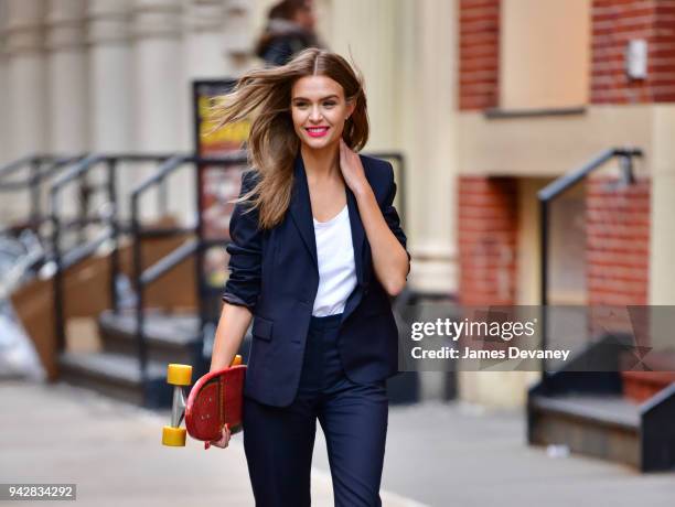 Josephine Skriver poses for a Maybelline photo shoot in SoHo on April 5, 2018 in New York City.