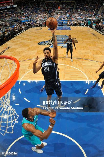 Khem Birch of the Orlando Magic shoots the ball against the Charlotte Hornets on April 6, 2018 at Amway Center in Orlando, Florida. NOTE TO USER:...