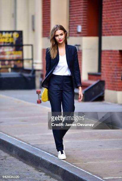 Josephine Skriver poses for a Maybelline photo shoot in SoHo on April 5, 2018 in New York City.