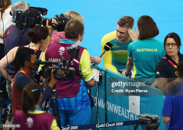 Matt Glaetzer of Australia speaks to the media after he is knocked out in the Men's Sprint 1/8 Finals during Cycling on day three of the Gold Coast...