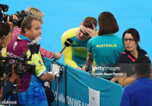 Matt Glaetzer of Australia speaks to the media after he is knocked out in the Men's Sprint 1/8 Finals during Cycling on day three of the Gold Coast...