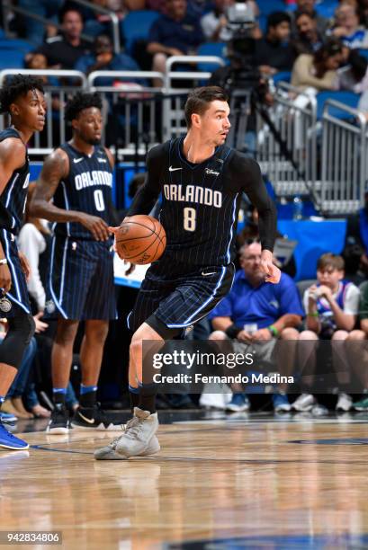 Mario Hezonja of the Orlando Magic handles the ball against the Charlotte Hornets on April 6, 2018 at Amway Center in Orlando, Florida. NOTE TO USER:...