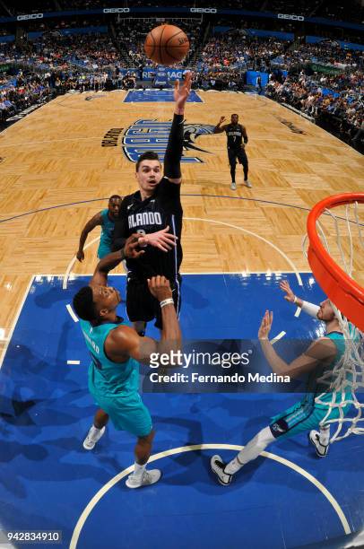 Mario Hezonja of the Orlando Magic shoots the ball against the Charlotte Hornets on April 6, 2018 at Amway Center in Orlando, Florida. NOTE TO USER:...