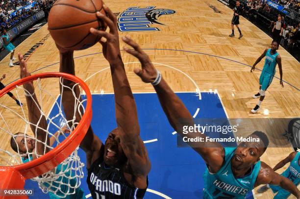 Bismack Biyombo of the Orlando Magic dunks the ball against the Charlotte Hornets on April 6, 2018 at Amway Center in Orlando, Florida. NOTE TO USER:...