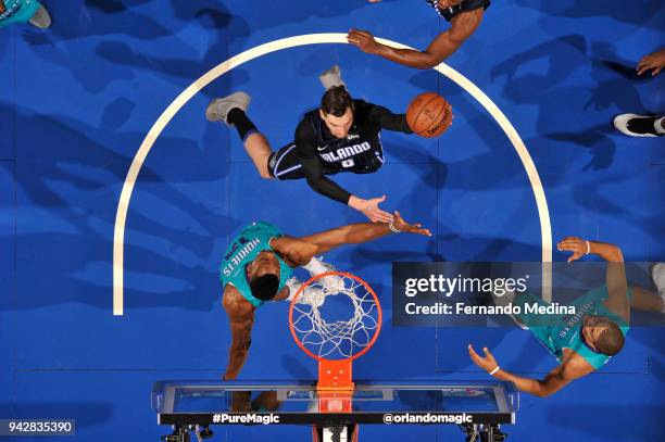 Mario Hezonja of the Orlando Magic shoots the ball against the Charlotte Hornets on April 6, 2018 at Amway Center in Orlando, Florida. NOTE TO USER:...