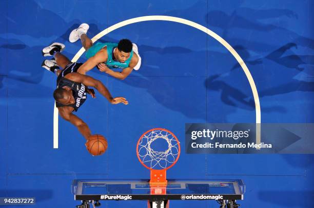 Bismack Biyombo of the Orlando Magic shoots the ball against the Charlotte Hornets on April 6, 2018 at Amway Center in Orlando, Florida. NOTE TO...