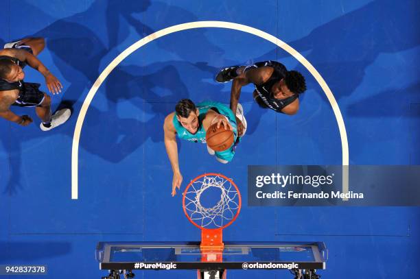 Willy Hernangomez of the Charlotte Hornets dunks the ball against the Orlando Magic on April 6, 2018 at Amway Center in Orlando, Florida. NOTE TO...