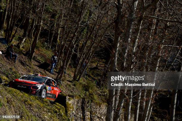Kris Meeke of Great Britain and Paul Nagle of Ireland compete with their Citroen Total Abu Dhabi WRT Citroen C3 WRC during Day one of the WRC France...