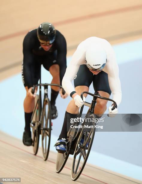 Joseph Truman of England beats Edward Dawkins of New Zealand in the Men's Sprint 1/8 Finals during Cycling on day three of the Gold Coast 2018...