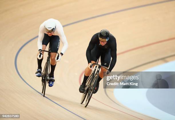Joseph Truman of England beats Edward Dawkins of New Zealand in the Men's Sprint 1/8 Finals during Cycling on day three of the Gold Coast 2018...
