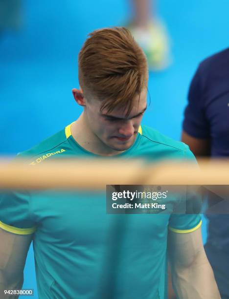 Matt Glaetzer of Australia after he is knocked out in the Men's Sprint 1/8 Finals during Cycling on day three of the Gold Coast 2018 Commonwealth...