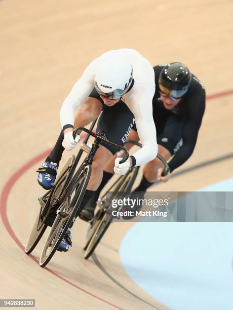 Joseph Truman of England beats Edward Dawkins of New Zealand in the Men's Sprint 1/8 Finals during Cycling on day three of the Gold Coast 2018...