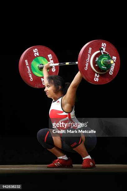 Zoe Smith of England competes during the Women's 63kg Weightlifting Final on day three of the Gold Coast 2018 Commonwealth Games at Carrara Sports...