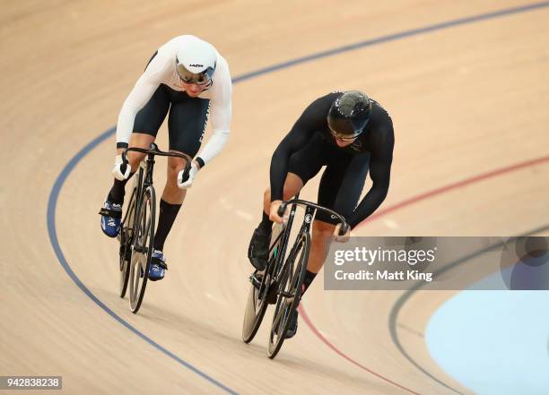 Joseph Truman of England beats Edward Dawkins of New Zealand in the Men's Sprint 1/8 Finals during Cycling on day three of the Gold Coast 2018...