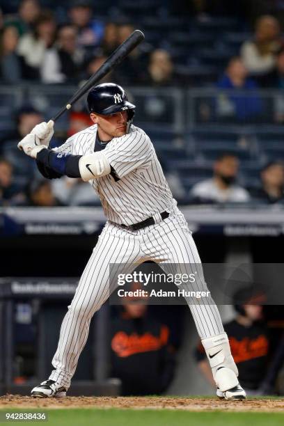 Brandon Drury of the New York Yankees at bat against the Baltimore Orioles during the second inning at Yankee Stadium on April 6, 2018 in the Bronx...
