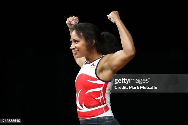 Zoe Smith of England celebrates a successful lift during the Women's 63kg Weightlifting Final on day three of the Gold Coast 2018 Commonwealth Games...