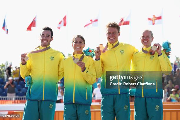 Gold medalists Gillian Backhouse, Matthew Hauser, Ashleigh Gentle and Jacob Birtwhistle of Australia celebrate during the medal ceremony for the...