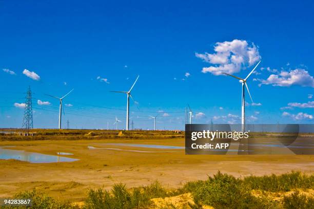 In a picture taken on December 10, 2009 Wind turbines dot the landscape on the outskirts of Dongying, in central China's Shandong province. The...