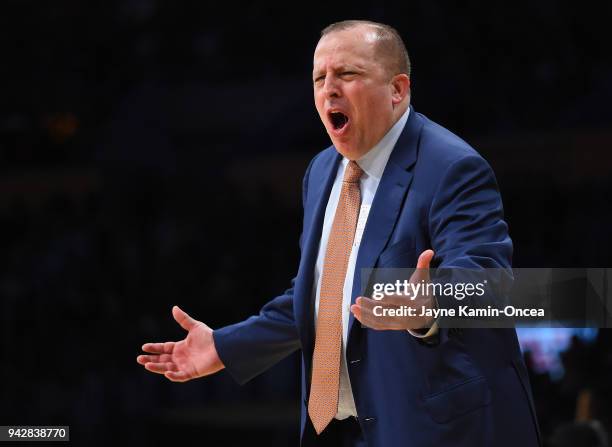 Head coach Tom Thibodeau of the Minnesota Timberwolves yells from the bench in the second half of the game against the Los Angeles Lakers at Staples...