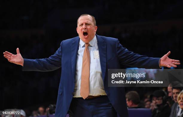 Head coach Tom Thibodeau of the Minnesota Timberwolves yells from the bench in the second half of the game against the Los Angeles Lakers at Staples...