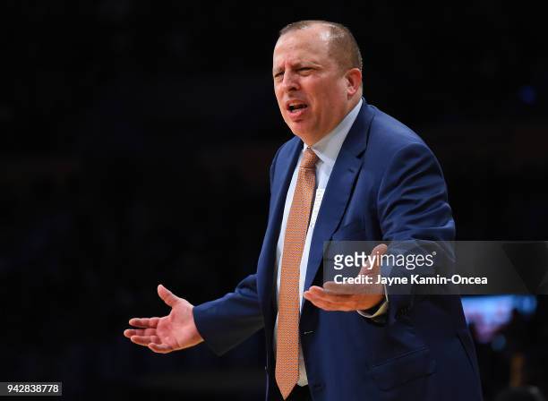 Head coach Tom Thibodeau of the Minnesota Timberwolves yells from the bench in the second half of the game against the Los Angeles Lakers at Staples...