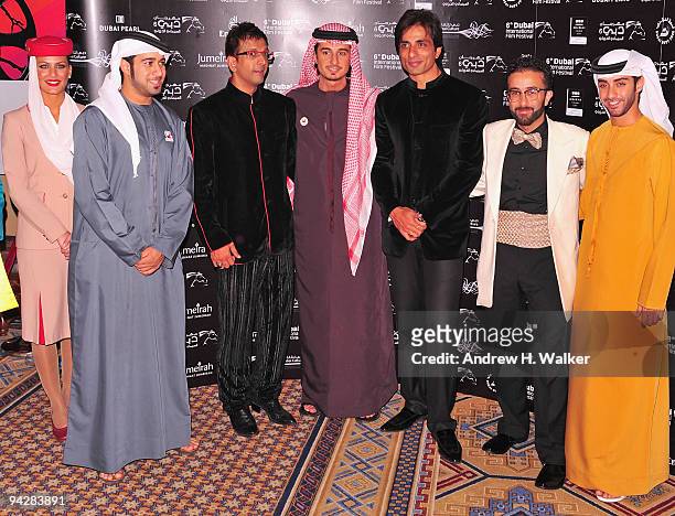 Saoud al Kaabi, Javed Jaffrey, director Ali Mostafa, Sonu Sood, Yassin Alsalman and guest attend the "City of Life" premiere during day three of the...