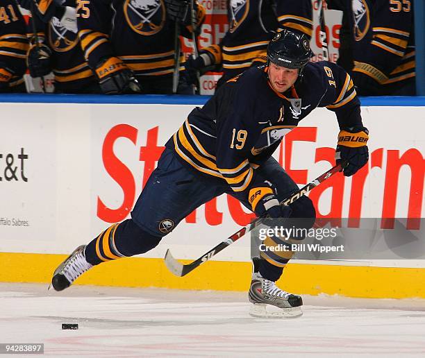 Tim Connolly of the Buffalo Sabres skates with the puck against the New York Rangers on December 5, 2009 at HSBC Arena in Buffalo, New York.