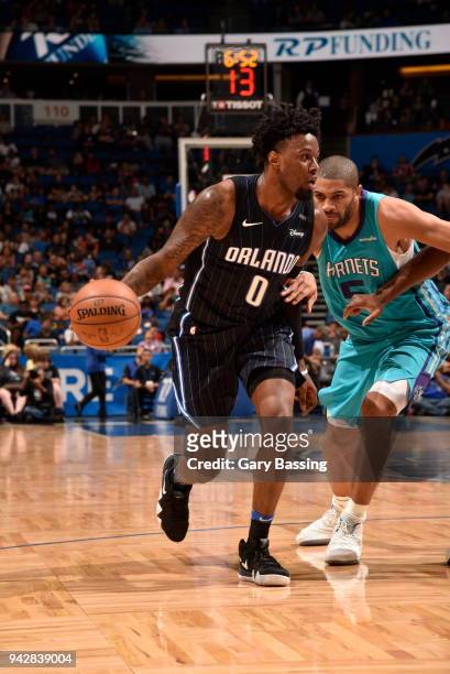 Jamel Artis of the Orlando Magic handles the ball against the Charlotte Hornets on April 6, 2018 at Amway Center in Orlando, Florida. NOTE TO USER:...