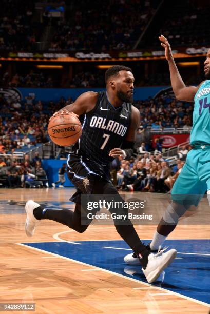 Shelvin Mack of the Orlando Magic handles the ball against the Charlotte Hornets on April 6, 2018 at Amway Center in Orlando, Florida. NOTE TO USER:...