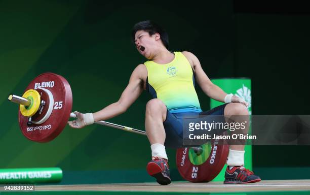 Australia's Seen Lee competes during the Women's 63kg Weightlifting Final on day three of the Gold Coast 2018 Commonwealth Games at Carrara Sports...