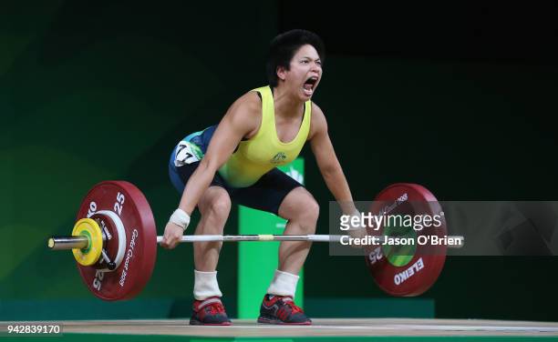 Australia's Seen Lee competes during the Women's 63kg Weightlifting Final on day three of the Gold Coast 2018 Commonwealth Games at Carrara Sports...