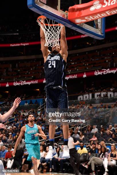 Khem Birch of the Orlando Magic dunks the ball against the Charlotte Hornets on April 6, 2018 at Amway Center in Orlando, Florida. NOTE TO USER: User...