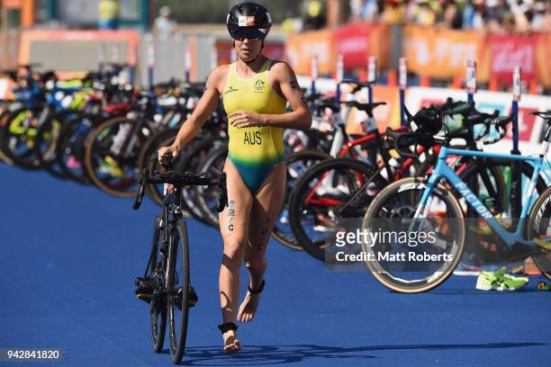 Ashleigh Gentle of Australia competes during the Triathlon Mixed Team Relay on day three of the Gold Coast 2018 Commonwealth Games at Southport...