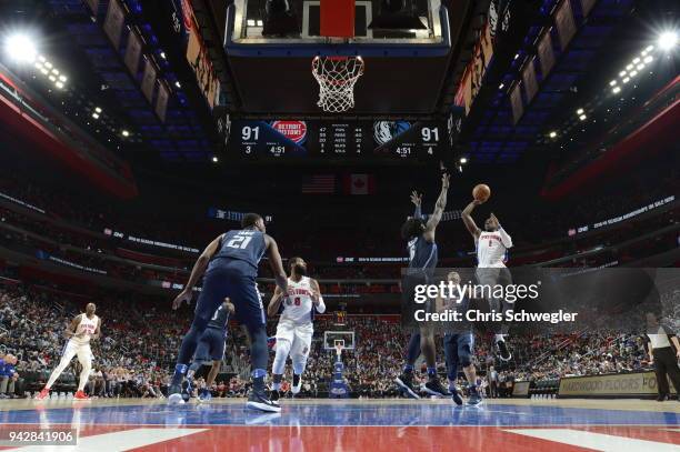 Reggie Jackson of the Detroit Pistons shoots the ball against the Dallas Mavericks on April 6, 2018 at Little Caesars Arena in Detroit, Michigan....